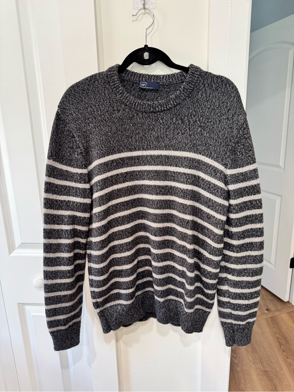 GAP Men's Charcoal Gray & Cream Striped Crewneck Sweater